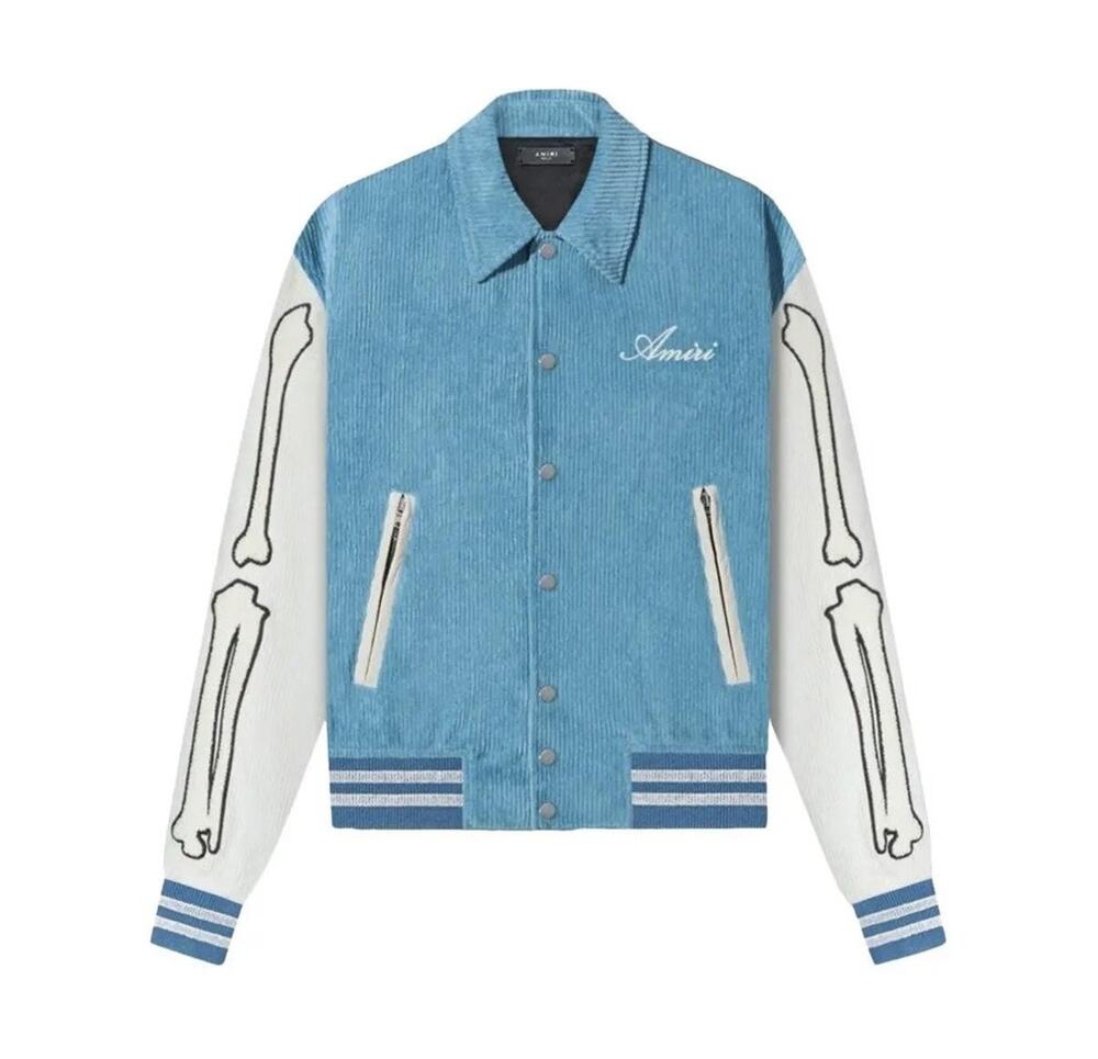 Amiri Jacket Mens IT 56 Blue White Corduroy Varsity Skull Bones Stripe Hem Italy